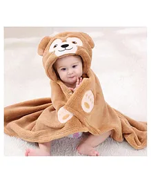 Babyzone Embroided Hooded Super Soft Fabric Baby Blanket Bath Towel - Brown