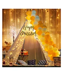 Puchku Decoration Items For Birthday Combo With White Net Led Fairy Lights And White Golden Balloons Background Decoration Items Birthday Decoration Items Cabana Tent Decoration - 26 Pieces