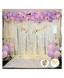Puchku Birthday Decoration Butterfly Theme Diy Combo Kit With White Net Curtain Cloth & Fairy Lights Pink & Purple Balloons Led Garl & Arch Strip Backdrop Princess - 80 Pieces