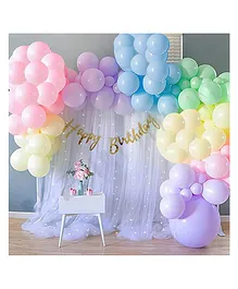 Puchku Pastel Rainbow Net Fabric Backdrop Happy Birthday Decoration Balloon Garl& Arch Tape Fairy Led Lights - Pack Of 53