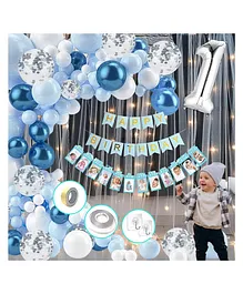 Puchku 1st Birthday Decoration With Monthly Photo Banner For Boys Net Fabric Backdrop DIY Combo Set -  66 Pieces