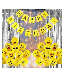 Happy Birthday Decoration Kit Combo Set Emoji Smiley Balloons Fairy LED Light Foil Curtains Banner Girls Boys Kid Yellow Grey  - Pack Of 54