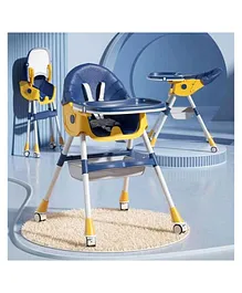 3 In 1 Recline Folding Baby High Chair With Adjustable Feeding Seat Along With Pu Cushion & Wheels - Blue & Yellow