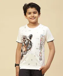 Monte Carlo Half Sleeves Tiger Face Printed Tee - White