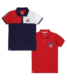 3PIN Pack Of 2 Racer Theme Half Sleeves Embroidered & Colour Blocked Polo Tees - Red & Navy Blue