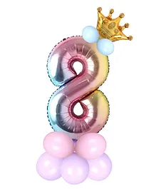 Shopperskart Eight 8 Rainbow Theme 32inch Number Toy Foil Balloon With Crown & Balloons Helium Quality For Birthday Party Decoration - Multicolor