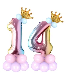 Shopperskart 14 Number Rainbow Theme 32 Inch  Foil Crown & Balloons - Multicolor