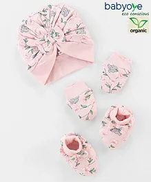 Babyoye Eco-Conscious 100% Cotton Bird Print Caps Mittens & Booties Peach- Diameter 17.5 cm