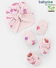 Babyoye Eco-Conscious 100% Cotton Floral Print Caps Mittens & Booties Pink- Diameter 18 cm