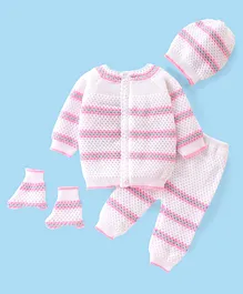 Babyhug 100% Acrylic Knit Full Sleeves Sweater Set With Socks & Cap Stripes - White & Pink