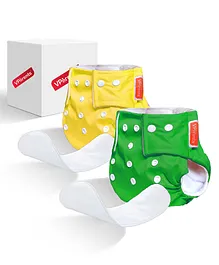 VParents Solid Washable Baby Cloth Diaper Reusable Adjustable Size Waterproof Pocket Cloth Diaper Nappie With Insert Pack of 2 - Green & Yellow