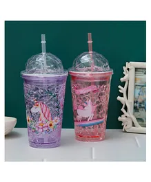 The Procure Store Unicorn Printed Sippers with Crystal Lid & Straw- Pink