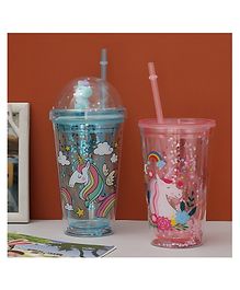 The Procure Store Unicorn Printed Sippers with Crystal Lid & Straw- Blue