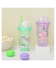 The Procure Store Unicorn Printed Glittery Transparent Sipper With Unicorn Motif Lid - Green