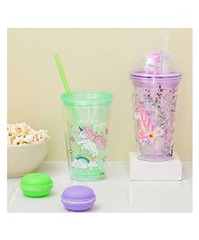 The Procure Store Unicorn Printed Glittery Transparent Sipper With Unicorn Motif Lid Purple - 500 ml