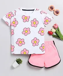 Little Marine Half Sleeves Flower Printed Tee With Solid Curved Hem Shorts - :Pink