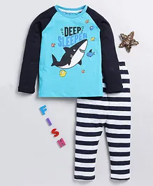 Little Marine Full Sleeves Shark Printed & Rugby Striped Night Suit -Blue