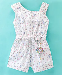 Enfance Core Sleeveless All Over Flowers Printed & Frill Neckline Detailed One Shoulder Jumpsuit - Pink