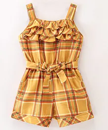 Enfance Core Sleeveless Frill Layered Neckline Detailed Checkered Jumpsuit - Yellow