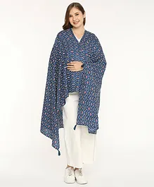 Bella Mama 100% Cotton Knit Three Fourth Sleeves Chevron Printed Maternity Poncho with Front Nursing Access - Navy Blue