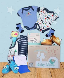 Baby Moo Adventurous Baby Boy Animal Blue 10 Pcs Gift Hamper- Multicolor