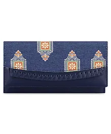 The Clownfish Ladyluxe Collection Printed Handicraft Fabric & Faux Leather Womens Wallet Clutch Ladies Purse with Snap Flap Opening & Multiple Card Slots- Dark Blue