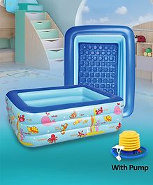 Inflatable Rectangular Three Layer Baby Bath Tub with Manual Pump Sea Life Print - Blue