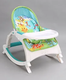 2 in 1 Portable Rocker Cum Reclining Chair with Removable Food Tray & Toys with Soothing Vibrations and Music - Green & White