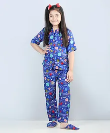 Piccolo Half Sleeves Seamless Galaxy Theme Elements Printed Night Suit With Coordinating  Plush Slip Ons - Blue