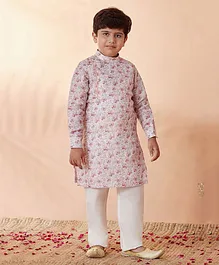 Manyavar Full Sleeves Floral Swirl & Leaves Printed Kurta With Pyjama - Beige