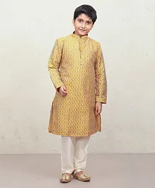 Manyavar Full Sleeves Seamless Motif Designed & Thread Work Embellished Kurta With Churidar - Mustard Yellow