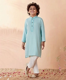 Manyavar Full Sleeves Placement Placket Embroidered Kurta Pajama Set - Blue