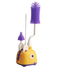 Adore Li'l Dino  3 in 1 Bottle Cleaning Brush kit with Drying Stand with Food Grade Silicone Bristles- Yellow