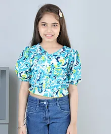 Cutiekins Half Sleeves Abstract Printed Crop Top - Blue