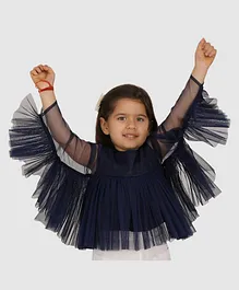 Jelly Jones Full Sleeves Solid Wings Designed Frill Detailed Mesh Top - Navy Blue