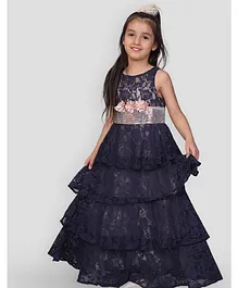 Lil Peacock Sleeveless Flower Applique Party Wear Lace Gown - Navy Blue