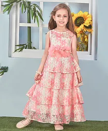 Lil Peacock Sleeveless Flower Applique Party Wear Lace Gown - Pink