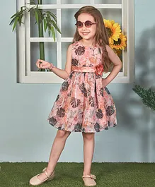 Lil Peacock Sleeveless Sleeveless All Over Forest Leaves & White Parrot Organza Printed Flower Applique Embellished Fit & Flare Balloon Dress - Peach