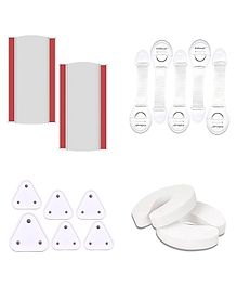 KidDough Baby Proofing Child Safety Kit With 2 Finger Pinch Door Hinge Guards 5 Safety Locks for Cabinets Almirahs 2 C Shape Door Stopper 6 Electric Socket Guards - Multicolour