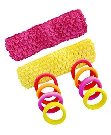 Akinos Kids Set Of 10 Crochet Knitted Soft Elastic Stretchable Headbands & Hair Rubber Ponytail Bands - Pink And Yellow