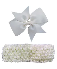 Akinos Set Of 2  Double Bow Flower Shape Applique Hair Clip & Crochet Knitted Soft Elastic Stretchable Headband - Cream
