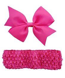 Akinos Set Of 2  Double Bow Flower Shape Applique Hair Clip & Crochet Knitted Soft Elastic Stretchable Headband - Hot Pink