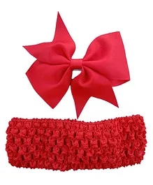 Akinos Set Of 2  Double Bow Flower Shape Applique Hair Clip & Crochet Knitted Soft Elastic Stretchable Headband - Red