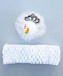 Akinos Kids Set Of 2 Net Based Unicorn Hair Clip And Crochet Knitted Soft Elastic Stretchable Headband - White