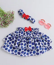 Many frocks & Polka Dots Printed Tired Bow Applique Skirt With Headband - Blue White