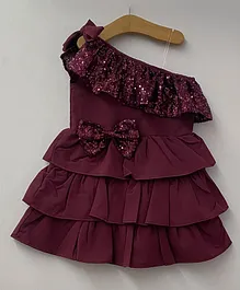 My Pink Closet One Shoulder Sleeveless Sequins Embellished Tiered Layered Bow Detail Party Dress - Wine