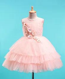 Bluebell Sleeveless Layered Party Frock With Floral Applique & Net Detailing- Peach