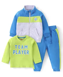 Babyhug 100% Cotton Knit Full Sleeves With T-Shirt Jacket & Lounge Pants & Text Print - Blue & Green
