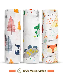 Zoe Cotton Muslin Multipurpose Swaddle Wraps Pack of 3 Forest Print- Multicolour