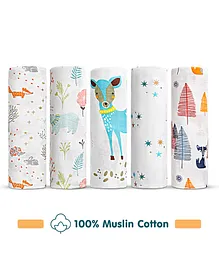 Zoe Cotton Muslin Multipurpose Swaddle Wraps Pack of 5 Forest Print- Multicolour